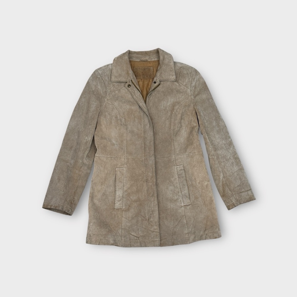 Vintage Taupe Suede Leather Coat – Minimalist Mid-Length – Size M